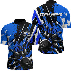 Maxcorners Custom Blue Bowling Jersey for Men Bowling Uniform Polo & 1/4 Zip Bowling Team Shirts LM0803