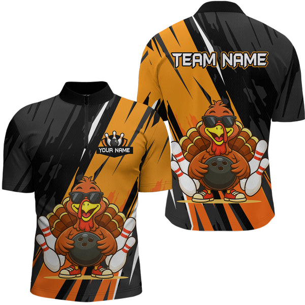 Maxcorners Custom Orange Funny Turkey Bowling Jersey for Men Polo & 1/4 Zip Thanksgiving Bowling Team Shirts MT2009