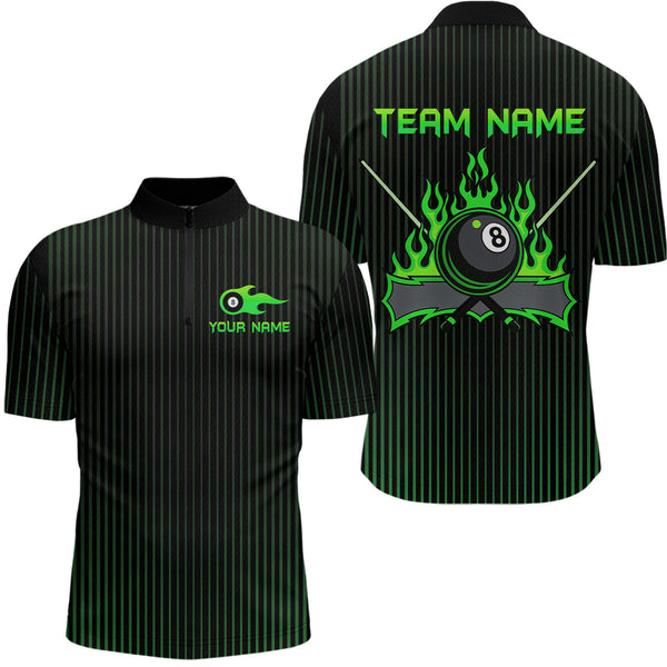 Maxcorners Custom Green 8 Ball Flame Billiard Shirts for Men, Billiard Team Polo & 1/4 Zip Shirts MT1607