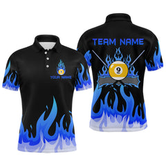 Maxcorners Custom 9 Ball Blue Flaming Billiard Shirts for Men Billiard Team Shirts Billiard League LM2007