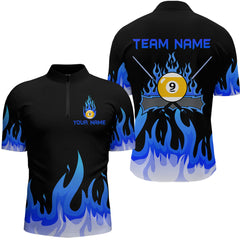 Maxcorners Custom 9 Ball Blue Flaming Billiard Shirts for Men Billiard Team Shirts Billiard League LM2007