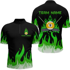 Maxcorners Custom 9 Ball Green Flaming Billiard Shirts for Men Billiard Team Shirts Billiard League LM2007