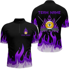 Maxcorners Custom 9 Ball Purple Flaming Billiard Shirts for Men Billiard Team Shirts Billiard League LM2007