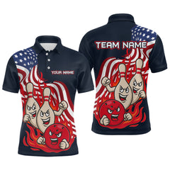Maxcorners Custom American Flag Bowling Men Polo & 1/4 Zip Shirts Funny Flame Bowling Team Jerseys LM3006