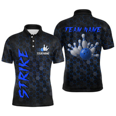 Maxcorners Custom Strike Blue Bowling Men Bowling Shirt Polo & Quarter-Zip Bowling Team Jerseys LM0706