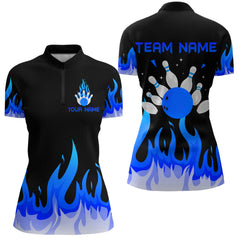 Maxcorners Custom Blue Flame Bowling Shirts for Men Polo & Quarter-Zip Bowling Team Jerseys MT1706