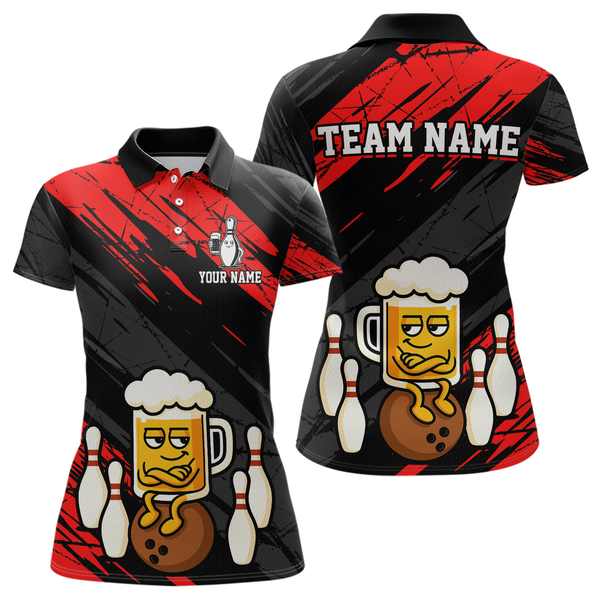 Maxcorners Custom Red Funny Beer Bowling Jersey for Men Bowling Uniform Polo & 1/4 Zip Bowling Team Shirts MT2009