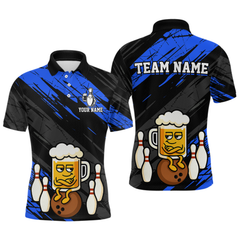 Maxcorners Custom Blue Funny Beer Bowling Jersey for Men Bowling Uniform Polo & 1/4 Zip Bowling Team Shirts LM0803