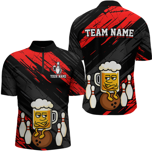 Maxcorners Custom Red Funny Beer Bowling Jersey for Men Bowling Uniform Polo & 1/4 Zip Bowling Team Shirts MT2009