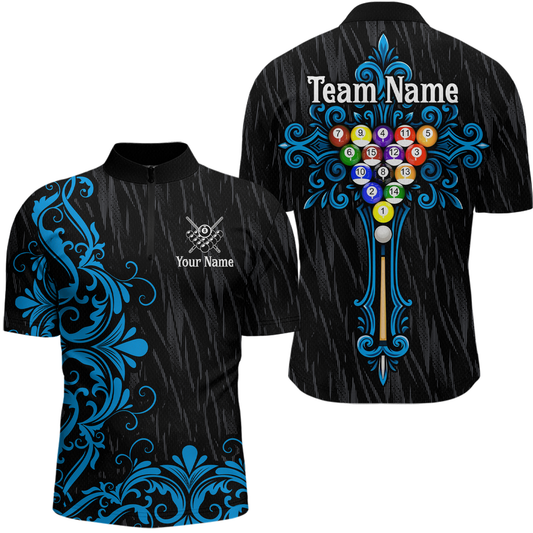 Maxcorners Custom Blue Baroque Pattern Ball Pool Billiard Shirts for Men Team Polo & 1/4 Zip Shirts LM0607