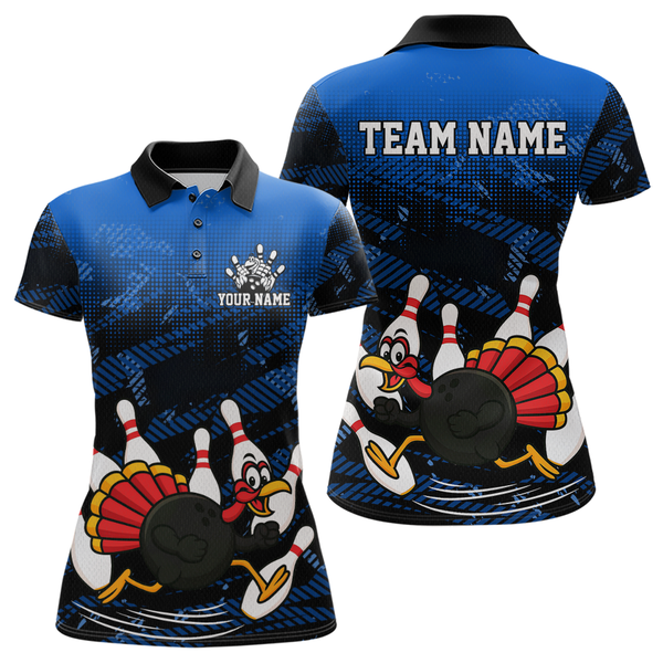 Maxcorners Custom Blue Funny Turkey Bowling Jersey for Men Thanksgiving Bowling Team Shirts Polo & 1/4 Zip MT2009