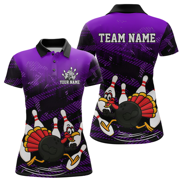 Maxcorners Custom Purple Funny Turkey Bowling Jersey for Men Thanksgiving Bowling Team Shirts Polo & 1/4 Zip MT2009