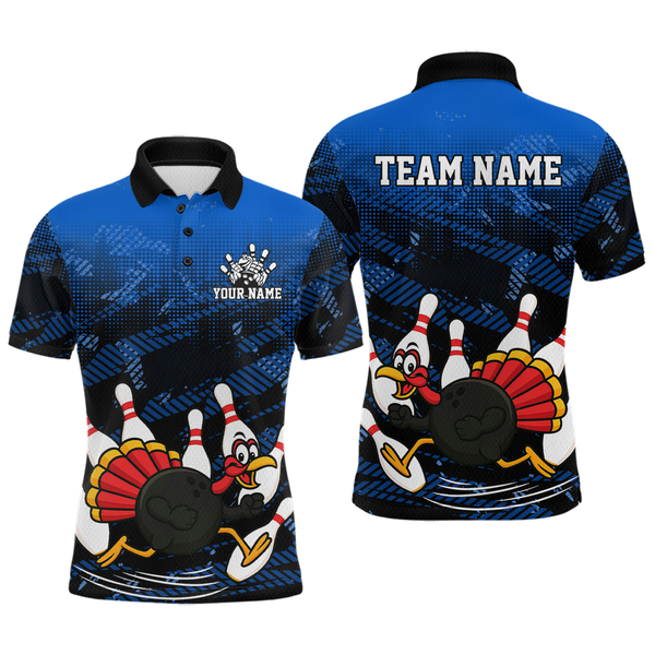 Maxcorners Custom Blue Funny Turkey Bowling Jersey for Men Thanksgiving Bowling Team Shirts Polo & 1/4 Zip MT2009