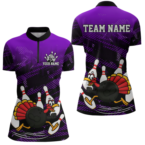 Maxcorners Custom Purple Funny Turkey Bowling Jersey for Men Thanksgiving Bowling Team Shirts Polo & 1/4 Zip MT2009