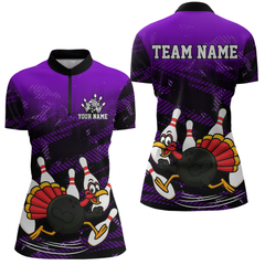 Maxcorners Custom Purple Funny Turkey Bowling Jersey for Men Thanksgiving Bowling Team Shirts Polo & 1/4 Zip MT2009