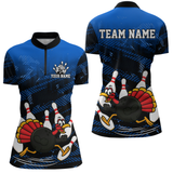 Maxcorners Custom Blue Funny Turkey Bowling Jersey for Men Thanksgiving Bowling Team Shirts Polo & 1/4 Zip MT2009