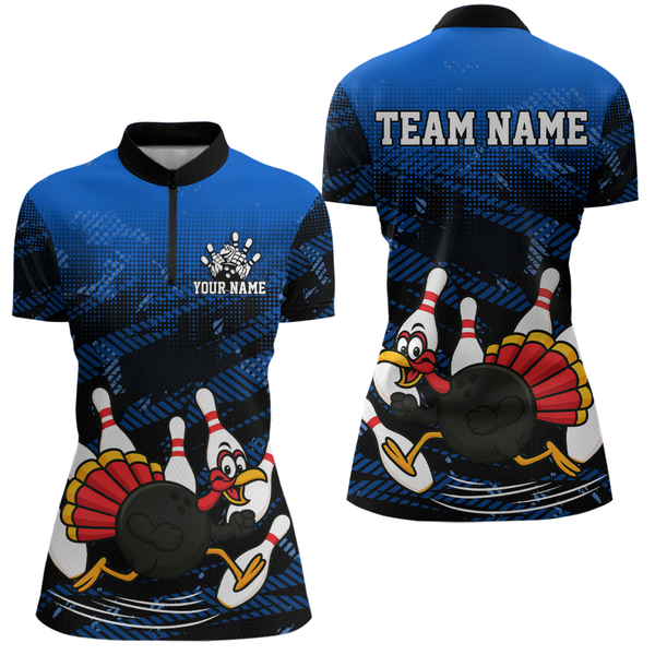 Maxcorners Custom Blue Funny Turkey Bowling Jersey for Men Thanksgiving Bowling Team Shirts Polo & 1/4 Zip MT2009