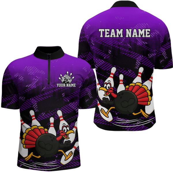 Maxcorners Custom Purple Funny Turkey Bowling Jersey for Men Thanksgiving Bowling Team Shirts Polo & 1/4 Zip MT2009