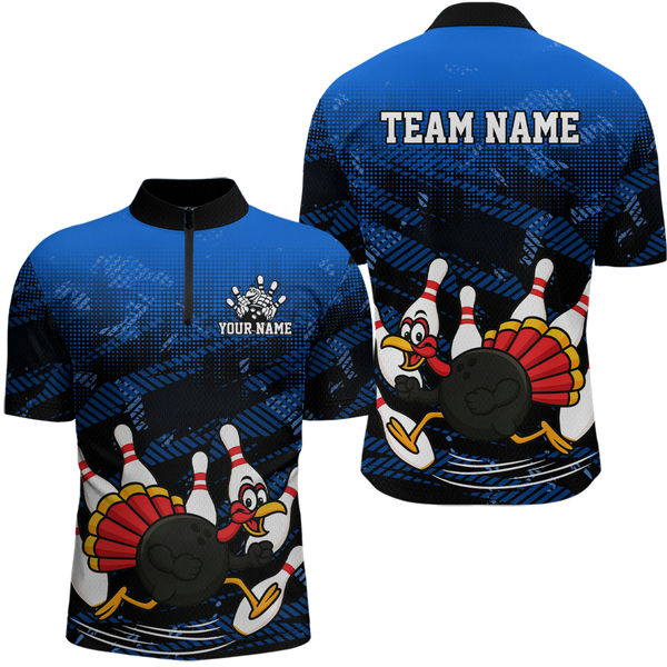 Maxcorners Custom Blue Funny Turkey Bowling Jersey for Men Thanksgiving Bowling Team Shirts Polo & 1/4 Zip MT2009