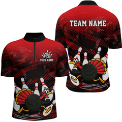 Maxcorners Custom Red Funny Turkey Bowling Jersey for Men Thanksgiving Bowling Team Shirts Polo & 1/4 Zip MT2009