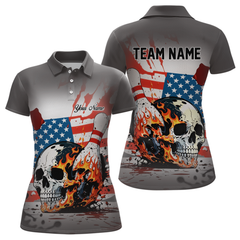 Maxcorners Custom American Flag Skull Flame Bowling Men Polo & 1/4 Zip Shirts Bowling Team Jerseys LM3006