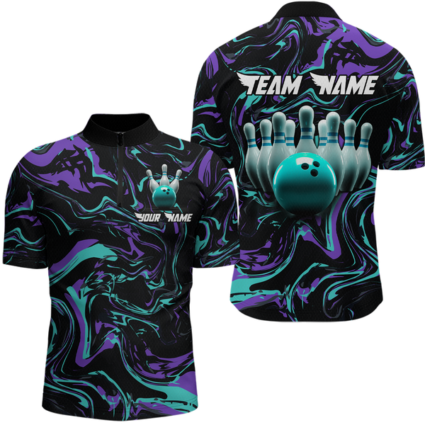 Maxcorners Turquoise Bowling Custom Men Bowling Shirt Polo & Quarter-Zip Bowling Team Jerseys LM263