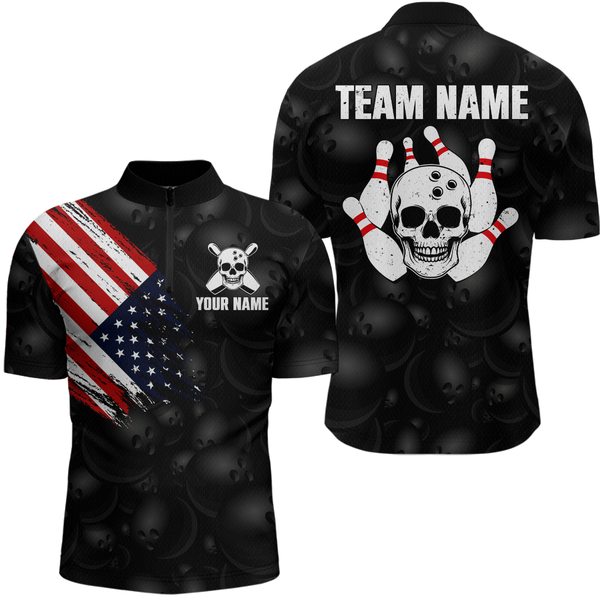 Maxcorners Skull Us Flag Bowling Shirt For Men Personalized Patriotic Bowling Team Jersey Shirts Polo & Quarter-Zip