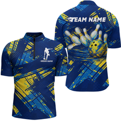 Maxcorners Custom Blue Yellow Bowling Jersey for Men Bowling Uniform Polo & 1/4 Zip Bowling Team Shirts MT2009