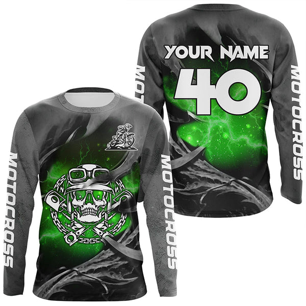 Maxcorners Adult&Kid Green Skull Custom Dirt Bike Jersey Motocross Jersey Upf30+ Motocross Shirt| LM2809