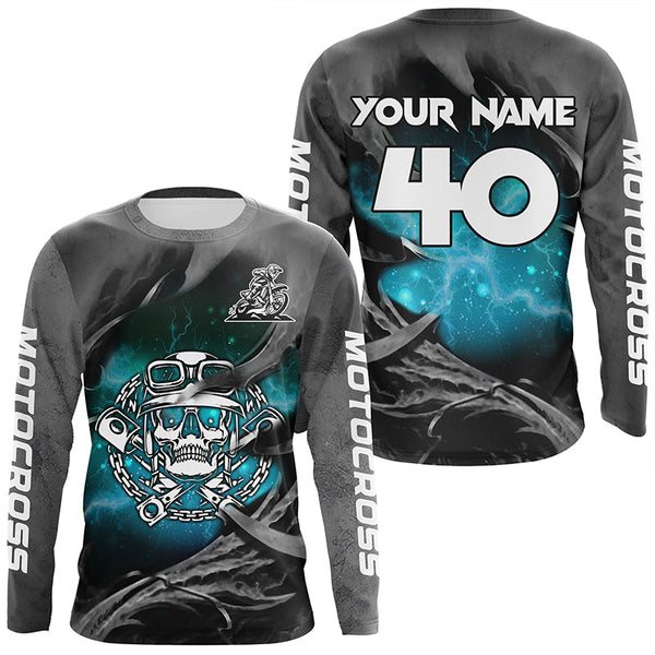 Maxcorners Adult&Kid Turquoise Skull Custom Dirt Bike Jersey Motocross Jersey Upf30+ Motocross Shirt|  LM2809
