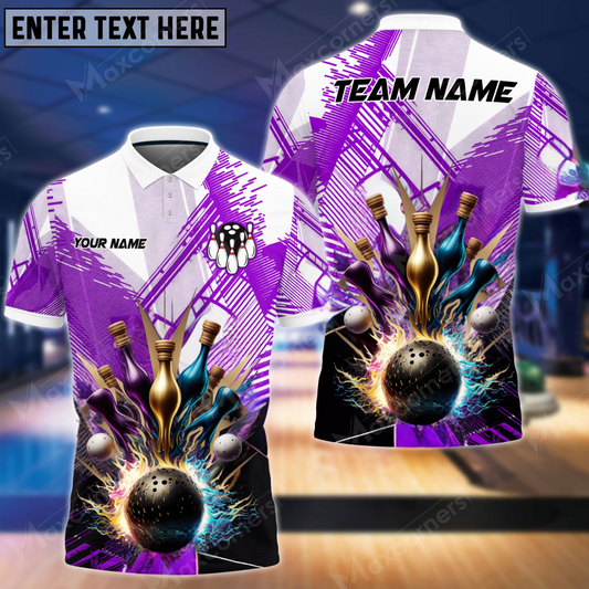 Maxcorners Bowling Ball & Pins Color Ink Multicolor Option Customized Name, Team Name 3D Polo Shirt (6 Colors)