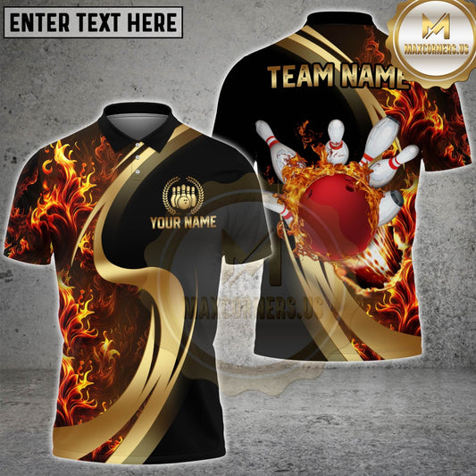Maxcorners Bowling Flame Bowling Ball And Pins Black And Gold Multicolor Customized Name, Team Name 3D Shirts