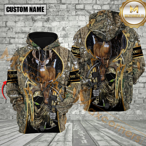 Maxcorners Brown Camo Deer Hunting Custom Name Hunter Apparel With Grim Reaper Design 3D Hoodie All Over Printed Clothes