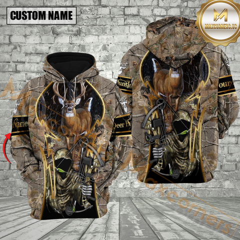 Maxcorners Grass Brown Camo Deer Hunting Custom Name Hunter Apparel With Grim Reaper Design 3D Hoodie All Over Printed Clothes