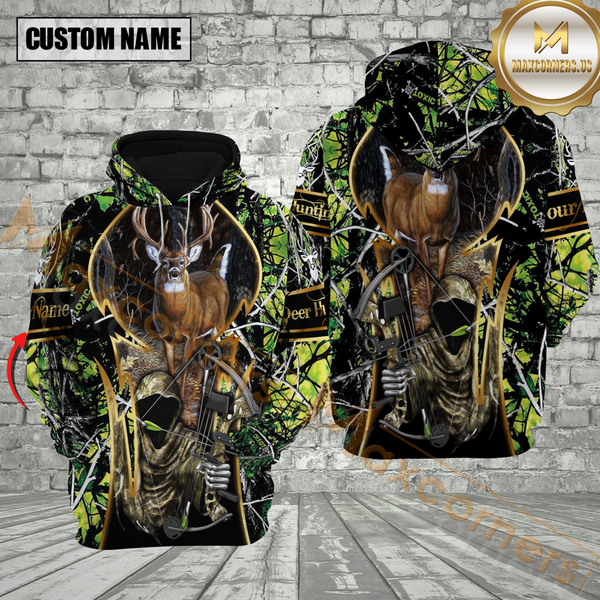 Maxcorners Green Camo Deer Hunting Custom Name Hunter Apparel With Grim Reaper Design 3D Hoodie All Over Printed Clothes