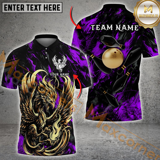 Maxcorners Phoenix Ball & Pins Premium Bowling Jersey Multicolor Customized Name, Team Name 3D Polo Shirt (4 Colors)