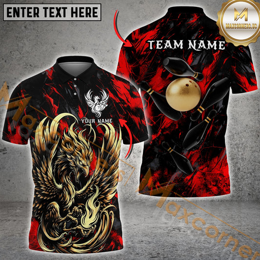 Maxcorners Phoenix Ball & Pins Premium Bowling Jersey Multicolor Customized Name, Team Name 3D Polo Shirt (4 Colors)