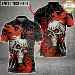 Maxcorners Custom Black And Red Flame Skull Bowling Men Polo Shirts, Skull Halloween Bowling Outfit