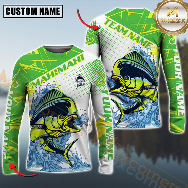 Maxcorners Mahi-Mahi Fishing Jersey Green Splash Personalized Name, Team Name 3D Long Sleeve Shirt