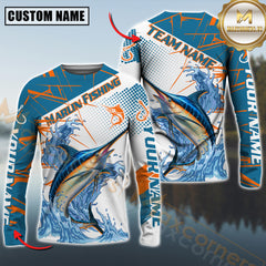 Maxcorners Marlin Fishing Jersey  Blue Splash Personalized Name, Team Name 3D Long Sleeve Shirt