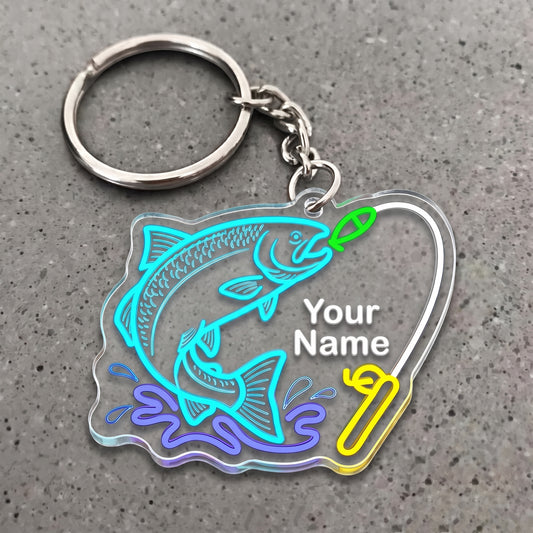 Maxcorners Salmon Fishing Neon Water Splash Personalized Name 3D Keychain And Ornament
