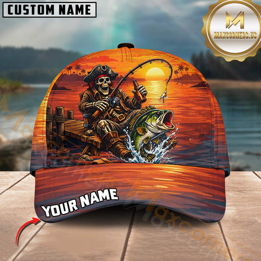 Maxcorners Fishing Pirate Skeleton Sunset Personalized 3D Cap
