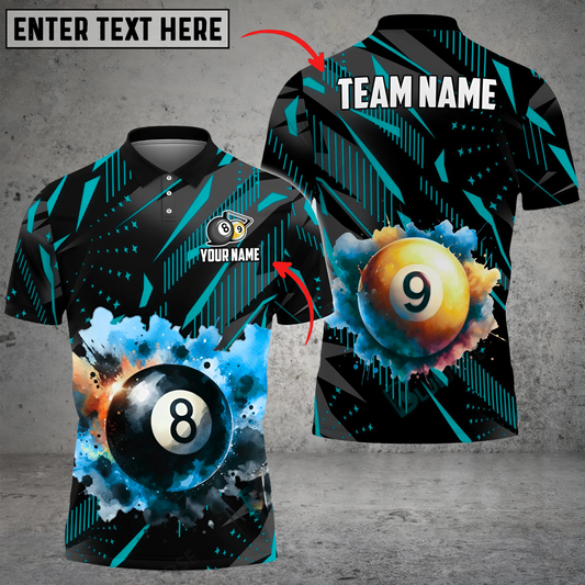 Maxcorners Billiards 8 Ball & 9 Ball Watercolor Art Personalized Name, Team Name 3D Polo Shirt