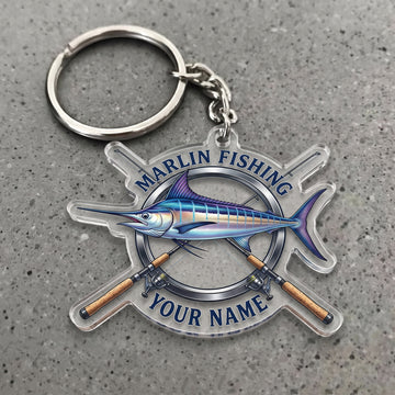 Maxcorners Marlin Fishing Crossed Rods Badge Personalized Name 3D Keychain And Ornament