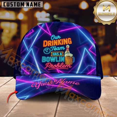 Maxcorners Bowling Drinking Team Bowling Problem With Neon Style Multicolor Personalized Name 3D Cap