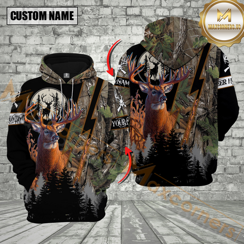 Maxcorners Grass Brown Camo Deer Hunting Custom Name Buck Deer With Forest Background 3D Hoodie All Over Printed Clothes