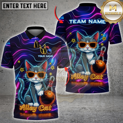Maxcorners Bowling Neon Alley Cat Cartoon Personalized Name 3D Unisex Shirt