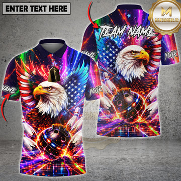 Maxcorners Bowling American Eagle USA Flag Neon Bowling Ball Strike Design Personalized Name 3D Unisex Shirt