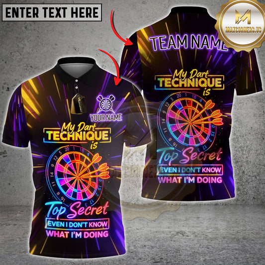 Maxcorners Darts Neon Funny Quote My Dart Technique Is Top Secret Even I Don’t Know What I’m Doing Personalized Name 3D Unisex Shirt