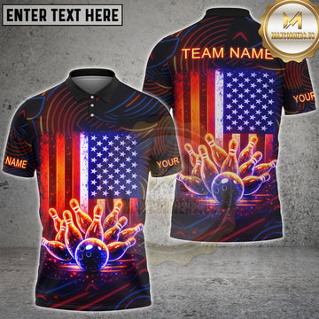 Maxcorners USA Flag Bowling Strike Patriotic Bowling Player Personalized Name, Team Name 3D Shirt